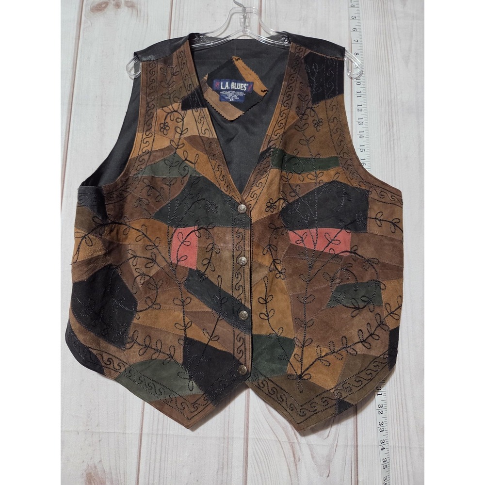 LA Blues Vintage Patchwork Suede Leather Vest Embroidered Boho Western 2X